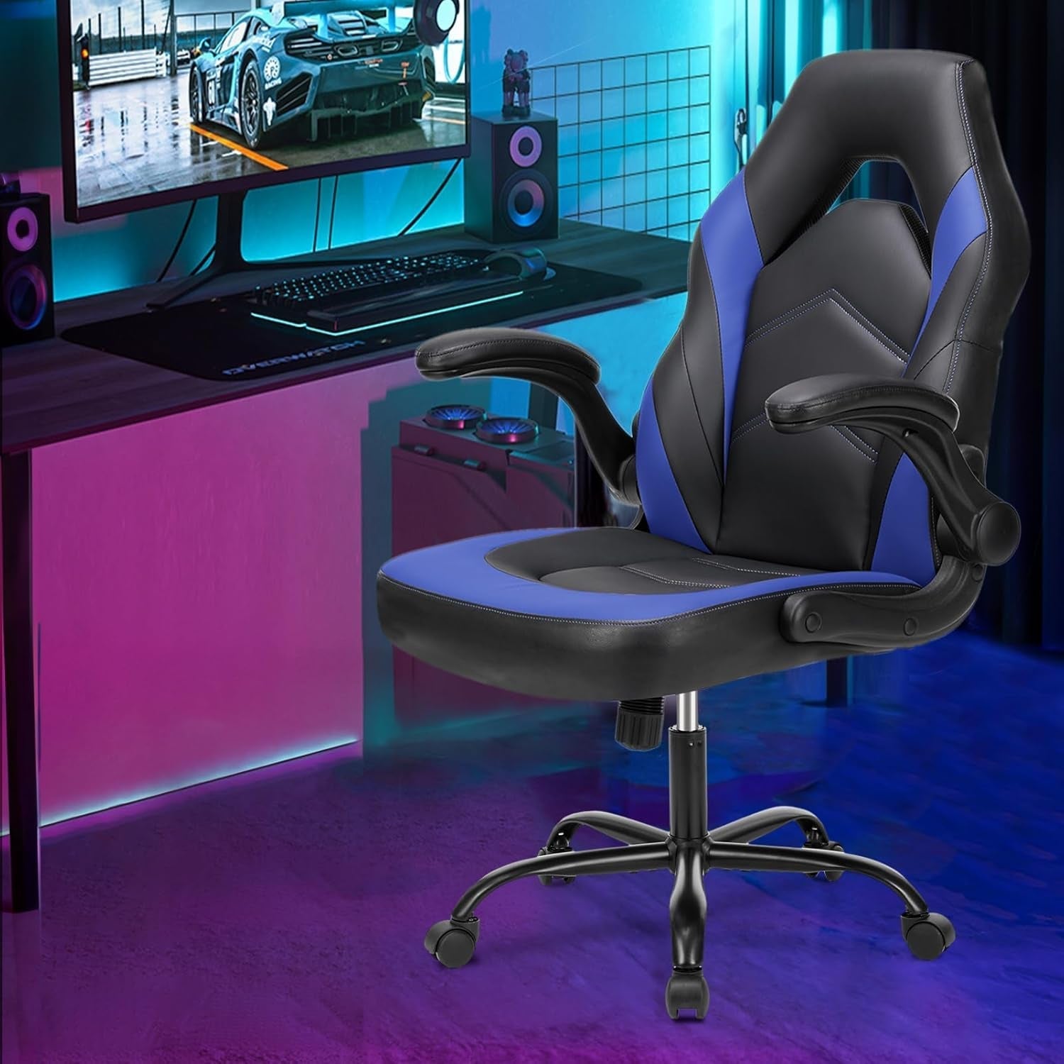Computer Gaming Desk Chair - Ergonomic Office Executive Adjustable Swivel Task PU Leather Racing Chair with Flip-Up Armrest for Adults, Kids, Men, Girls, Gamer, Black Blue-1