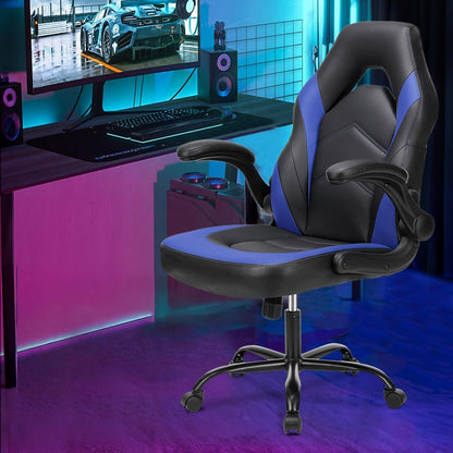 Computer Gaming Desk Chair - Ergonomic Office Executive Adjustable Swivel Task PU Leather Racing Chair with Flip-Up Armrest for Adults, Kids, Men, Girls, Gamer, Black Blue-1