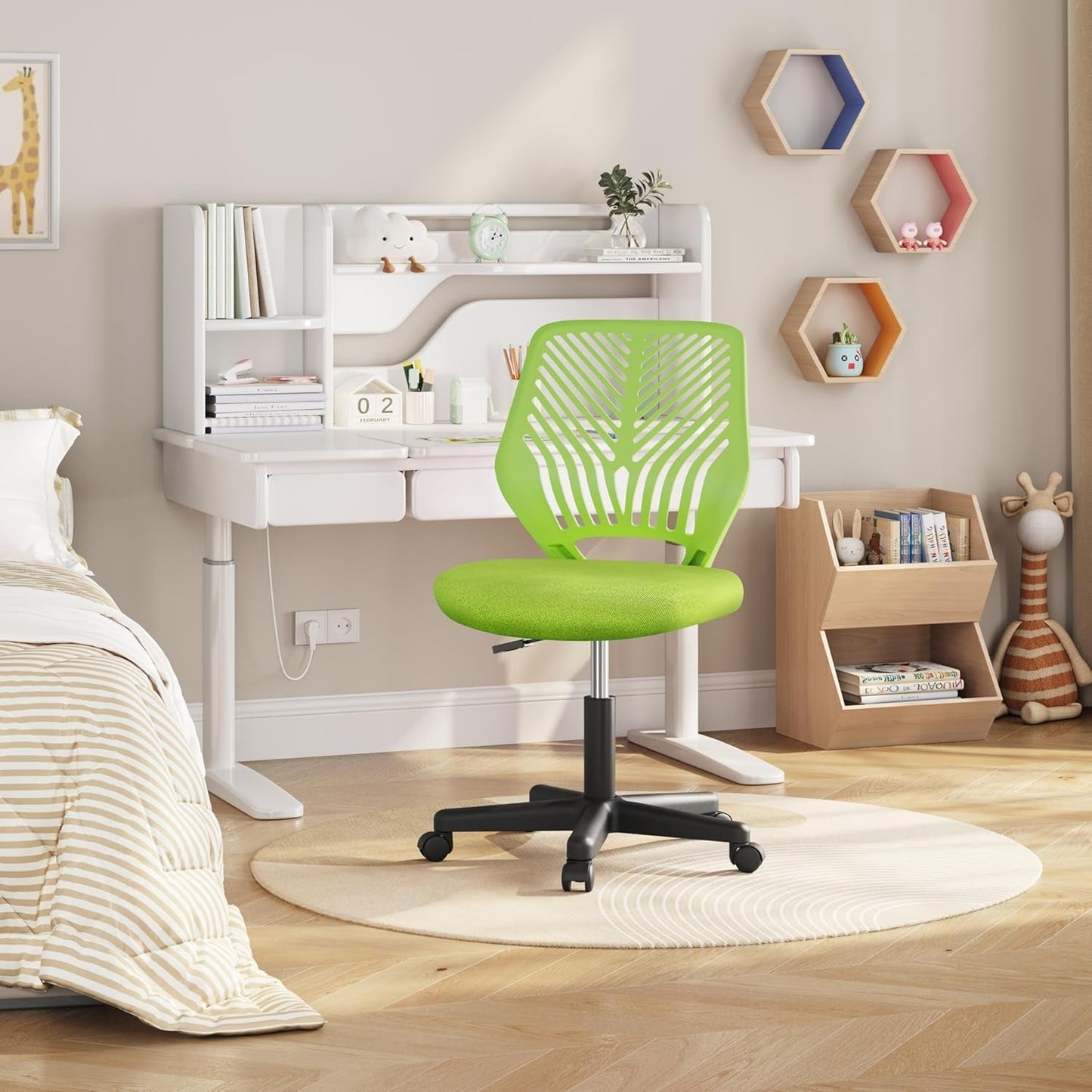 Kids Cute Desk Chair Small Computer Desk Chair for Teens Low-Back Armless Study Chair Swivel Task Chair Bedroom School Chair with Lumbar Support, Green-1