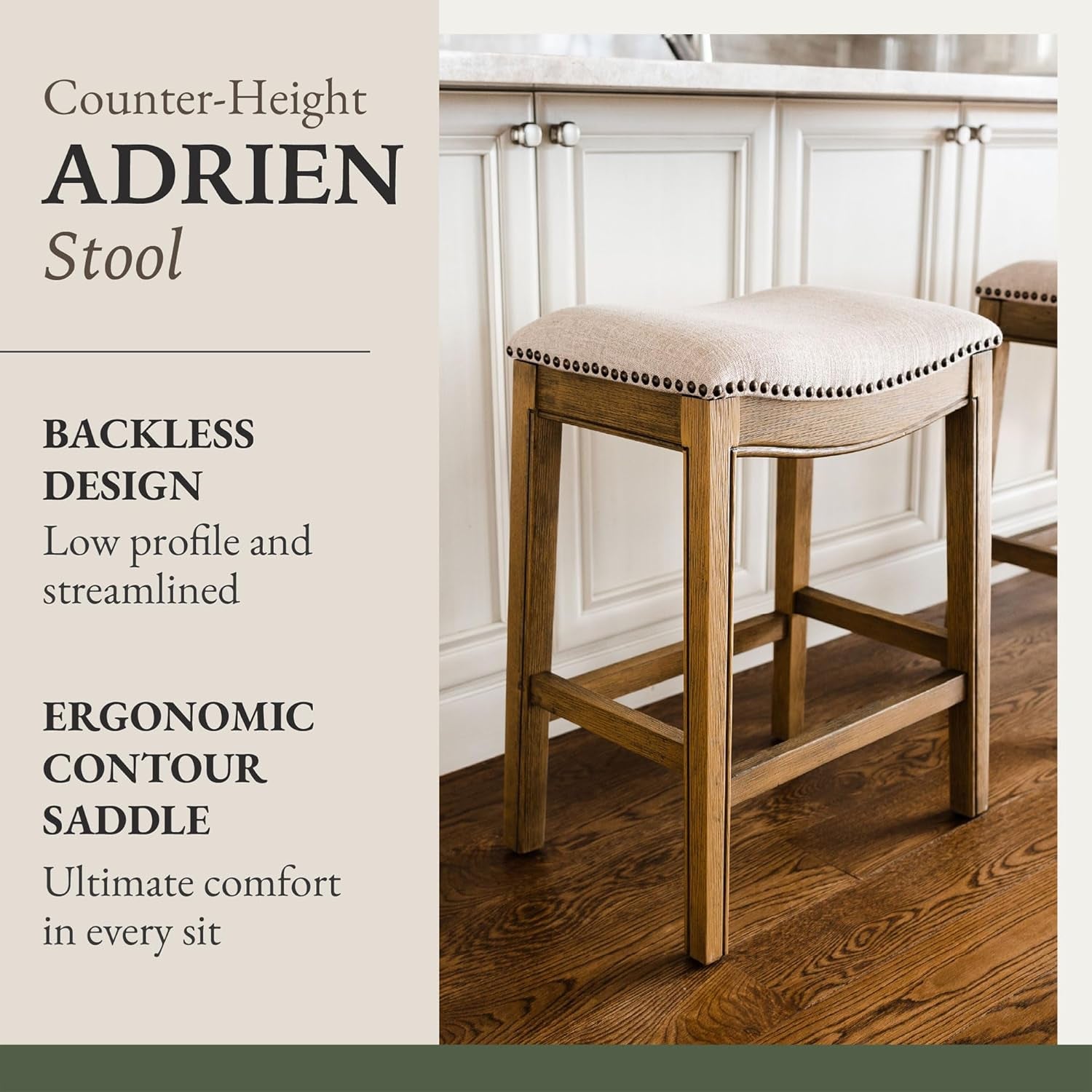 Adrien 26" Wood Counter Height Stool - Handcrafted Natural Wood Finish with Wheat Fabric Upholstered Saddle Seat for Comfort - Durable Barstool for Kitchen Islands, Dining Rooms-3