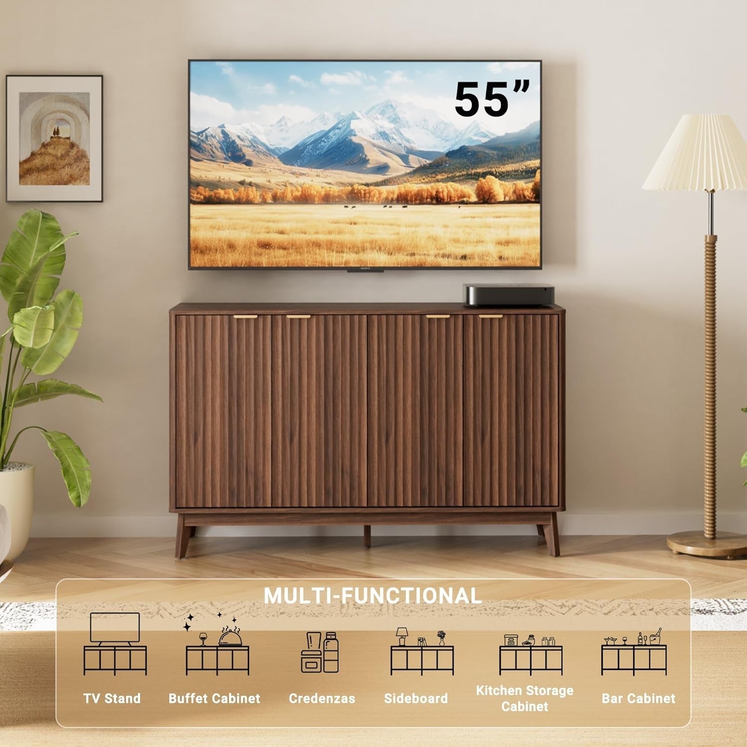 Walnut Fluted Sideboard Buffet 55Inch Adjustable Shelves-4