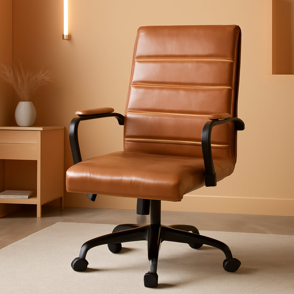 Whitney High-Back Swivel Leathersoft Desk Chair with Padded Seat and Armrests, Adjustable Height Padded Leathersoft Office Chair, Brown/Black Gold-0