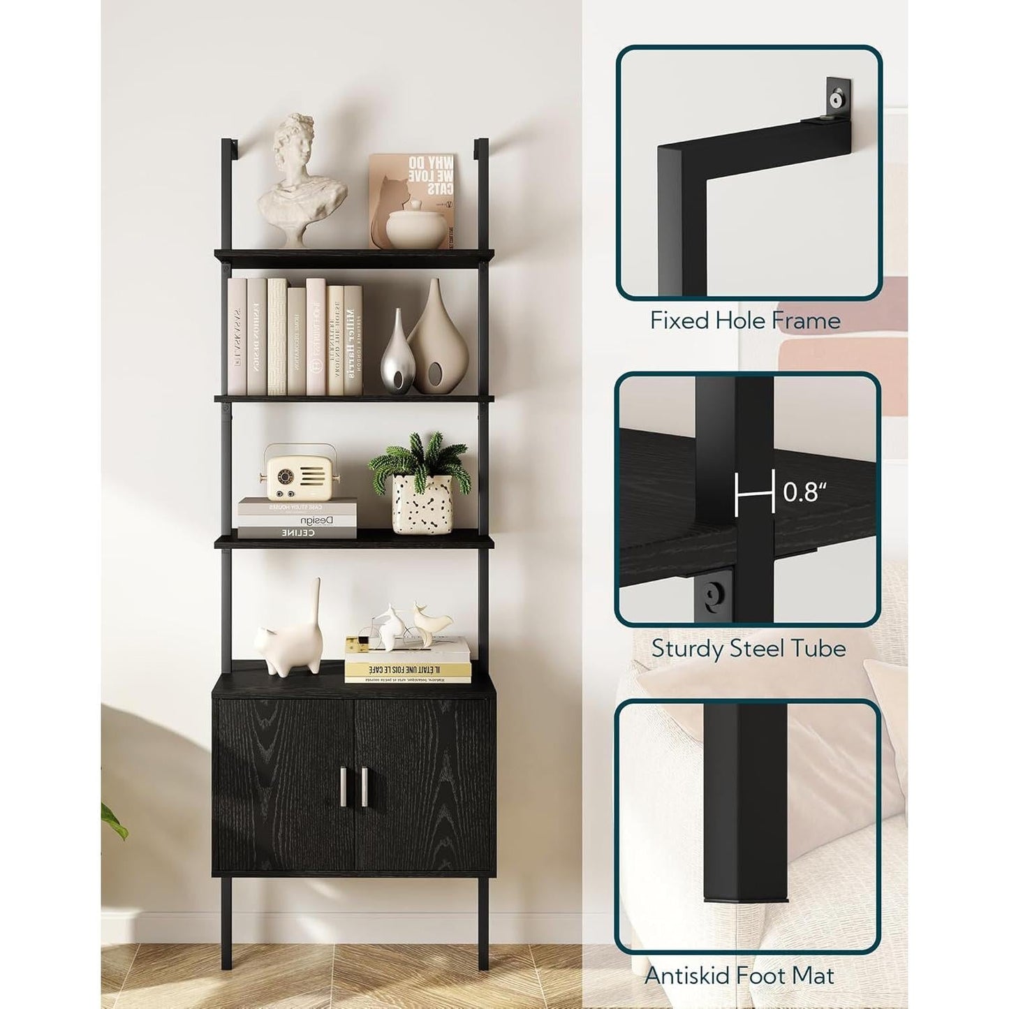 73" Tall Bookshelf with Cabinet, Industrial Ladder Wall Mount Shelf Bookcase with Wood and Metal Frame, Plant Shelf Wall Storage Display for Living Room Bedroom, Black Wood Grain-4