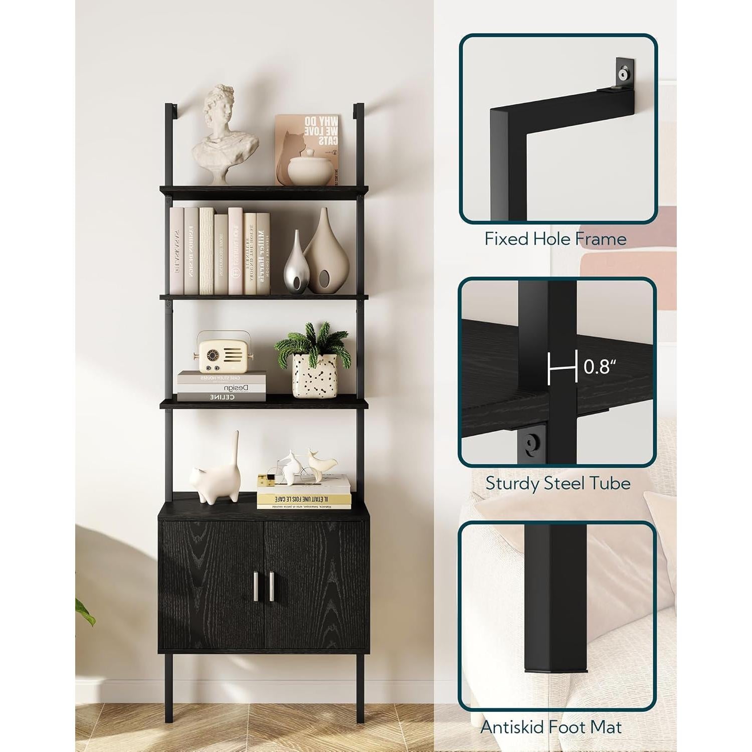 73" Tall Bookshelf with Cabinet, Industrial Ladder Wall Mount Shelf Bookcase with Wood and Metal Frame, Plant Shelf Wall Storage Display for Living Room Bedroom, Black Wood Grain-4