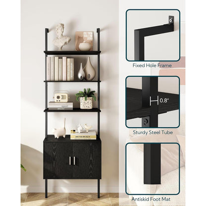 73" Tall Bookshelf with Cabinet, Industrial Ladder Wall Mount Shelf Bookcase with Wood and Metal Frame, Plant Shelf Wall Storage Display for Living Room Bedroom, Black Wood Grain-4