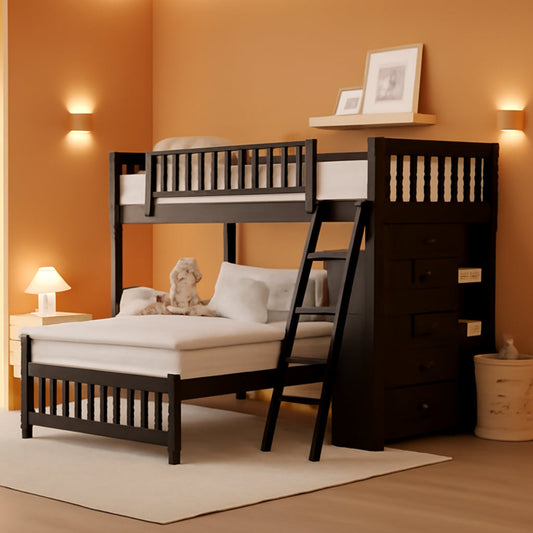 Twin over Full Bunk Bed with Storage, Solid Wood Bunk Bed with 6 Drawers and 3 Flexible Shelves, Twin Loft Bed with Movable Lower Bed, Bottom Bed with Wheels, for Kids Teens Adults (Espresso)-0