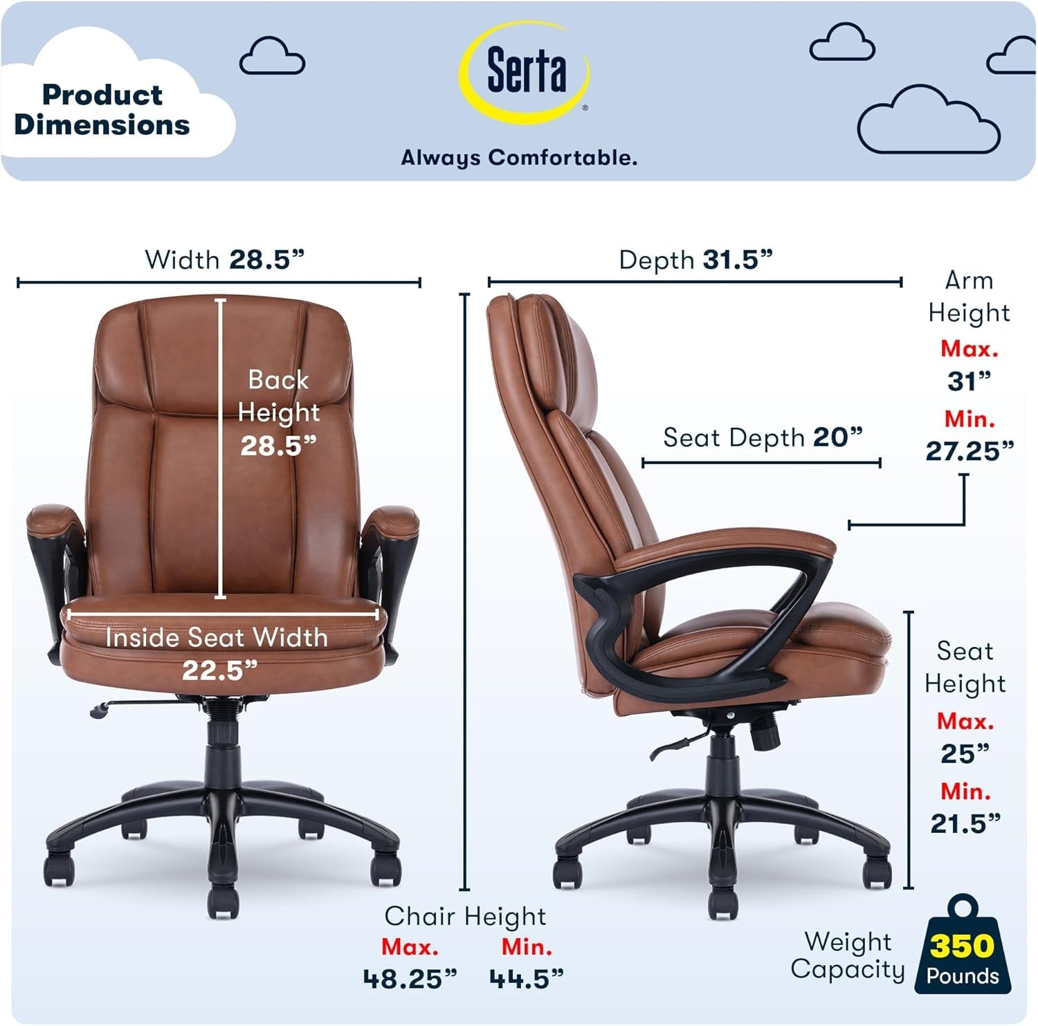 Fairbanks Big and Tall High Back Executive Office Chair, Ergonomic Gaming Computer Chair with Layered Body Pillows, Contoured Lumbar Zone, Cognac-2