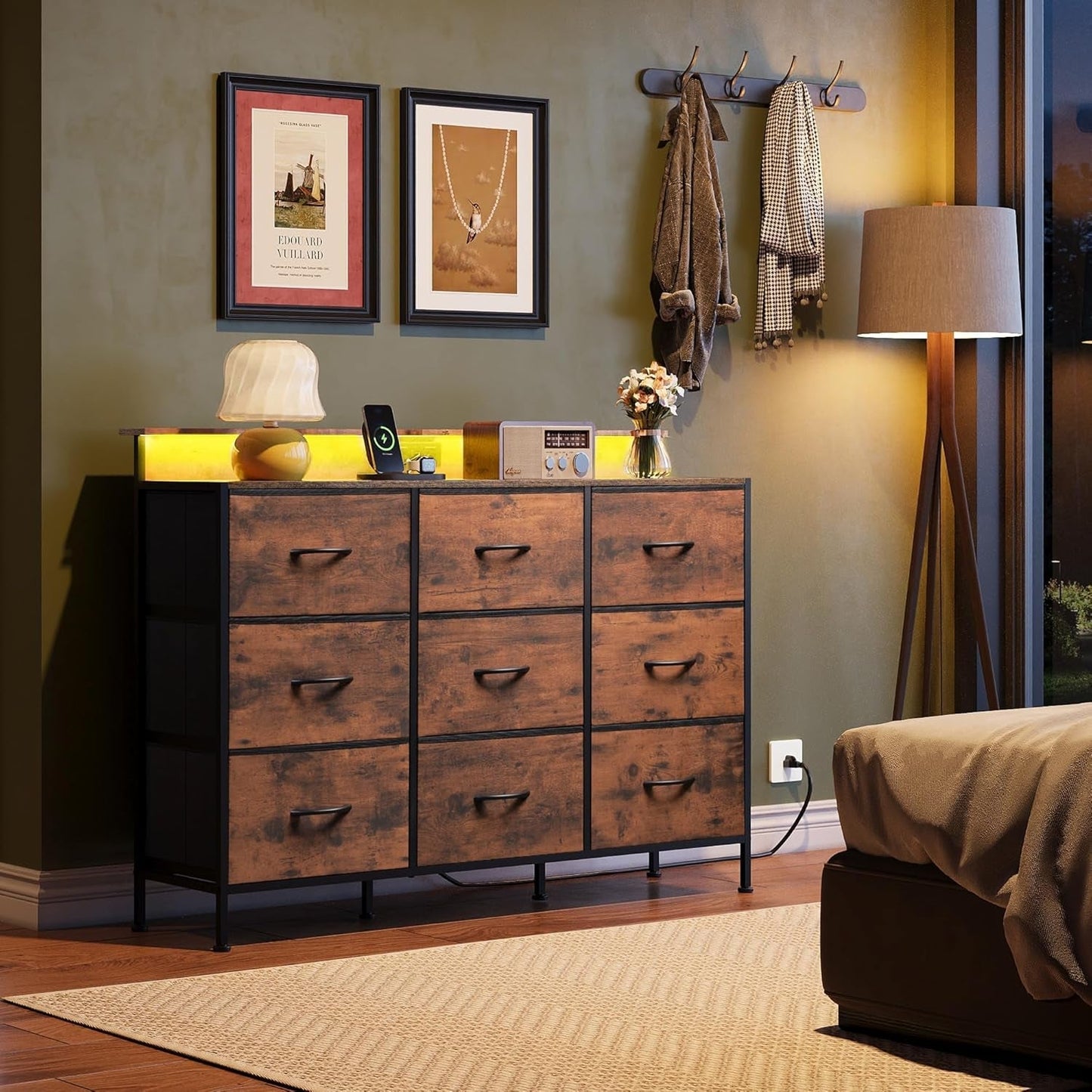 Dresser TV Stand for 55 Inch, Led Dresser for Bedroom, White Dresser for Bedroom with LED Lights and Charging Station, Chest of Drawers, 9 Fabric Dresser Drawers, Wood Top, Living Room, Closet-1