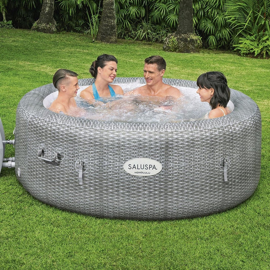 Saluspa Honolulu Airjet Large round 4 to 6 Person Inflatable Hot Tub Portable Outdoor Spa with 140 Airjets and Energysense Cover, Grey-0