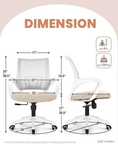 Office Chair Computer Desk Chair Gaming Ergonomic Mid Back Cushion Lumbar Support with Comfy Mesh Adjustable Swivel Rolling Home (Beige)-2