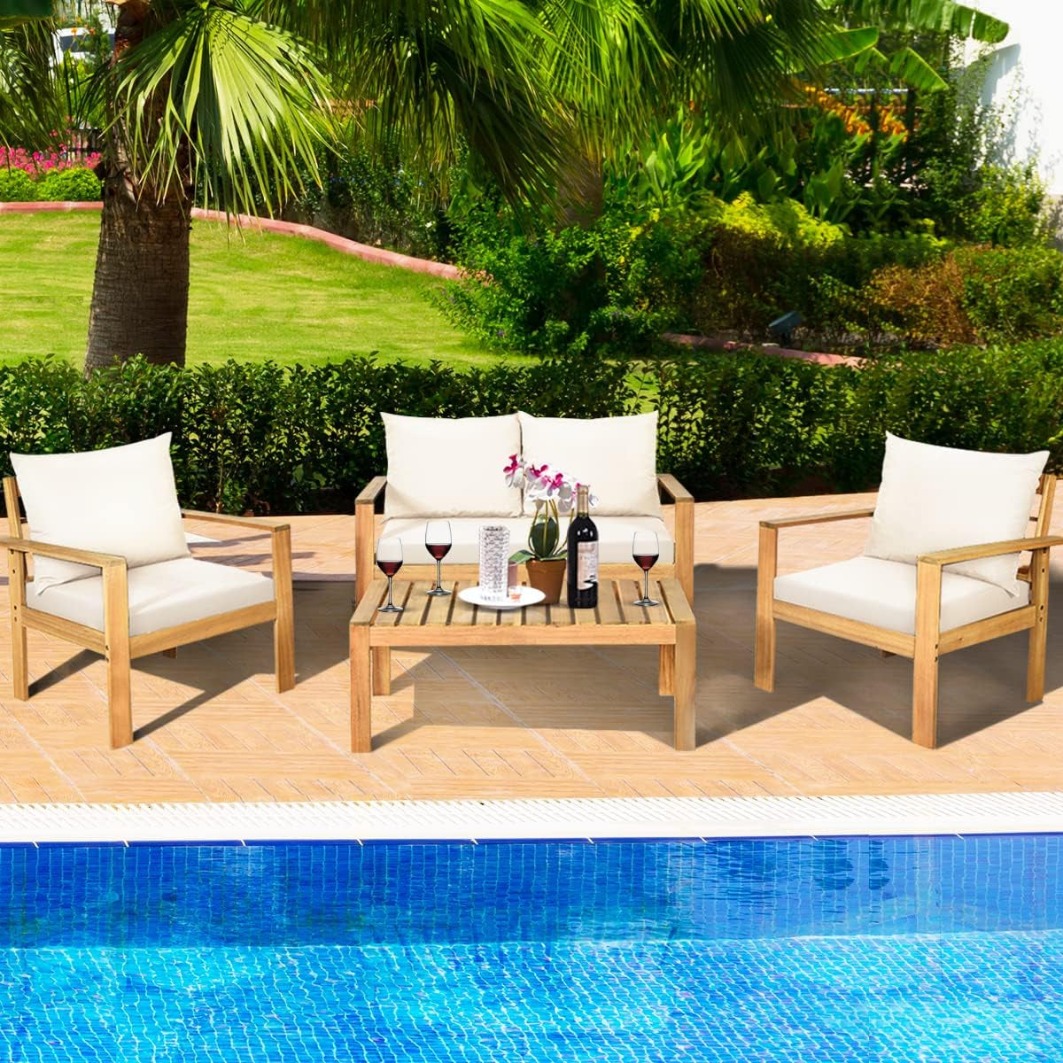 Outdoor 4-Piece Acacia Wood Chat Set, 4 Seater Acacia Wood Conversation Sofa and Table Set with Water Resistant Cushions, Teak Finished (1, White)-2