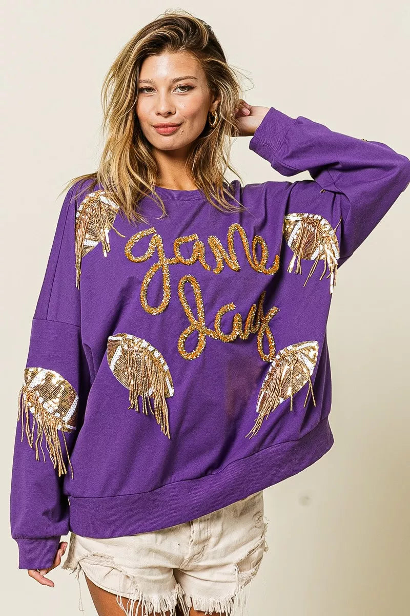 BiBi Sequin Football Patches Game Day Sweatshirt