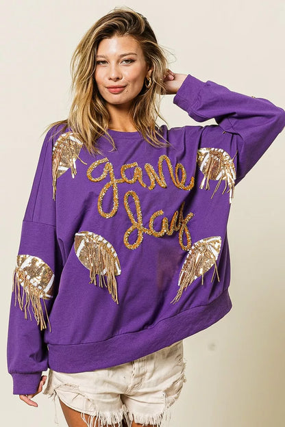 BiBi Sequin Football Patches Game Day Sweatshirt