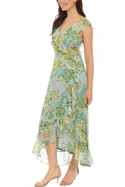 London Times Chiffon Green Metallic Floral Day Dress