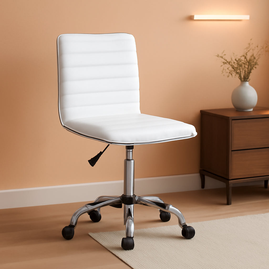 Mid Back Vanity Chair for Makeup Room, Low Back PU Leather Swivel Computer Desk Chair, Task and Office Chair Retro with Armless Ribbed (White)-0