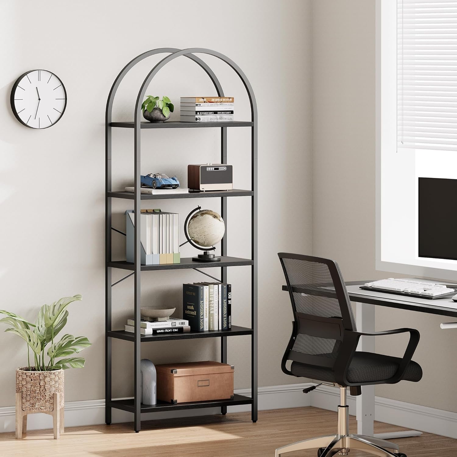 Tall Black Arched Bookcase with 5 Open Shelves-0