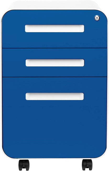 Stockpile 3 Drawer File Cabinet with Lock - under Office Desk Metal Filing Cabinet, Legal/Letter File Folders, Wheels and Stationary Feet, Pre-Assembled, Blue Faceplate-3