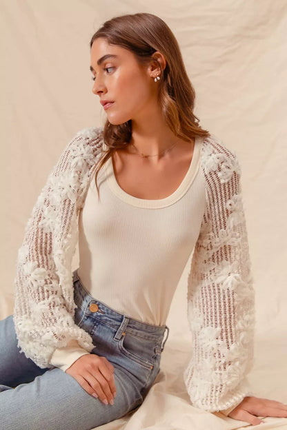 SO ME Rib Knit Top with Lace Balloon Sleeves
