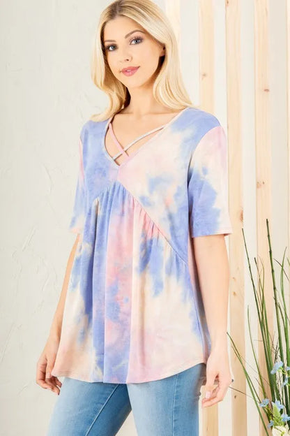 Heimish Full Size Crisscross Tie Dye Babydoll Top Plus Size