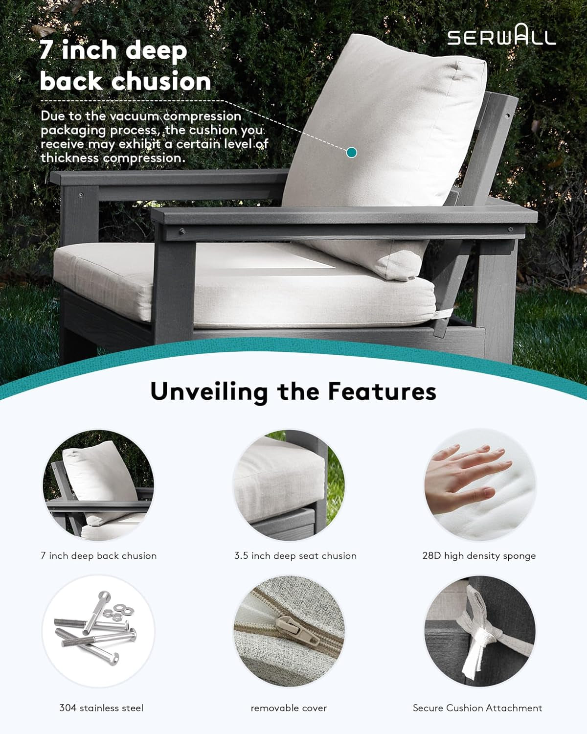 HDPE Outdoor Patio Furniture Set, 7-Piece Outdoor Sectional Patio Conversation Set, All Weather Outdoor Couch Set Patio Sofa Set for Deck, Lawn, Grey Frame with Khaki Cushion-3