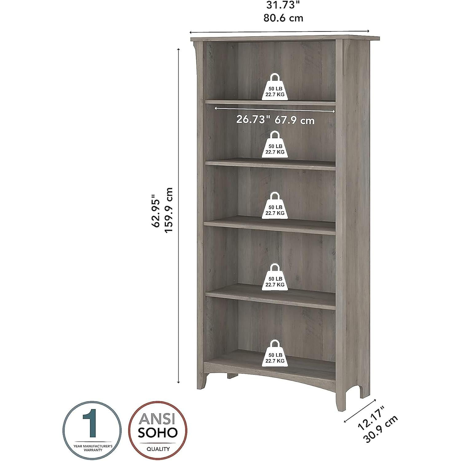 Salinas 5-Shelf 63-Inch H Bookcase, Driftwood Gray-2