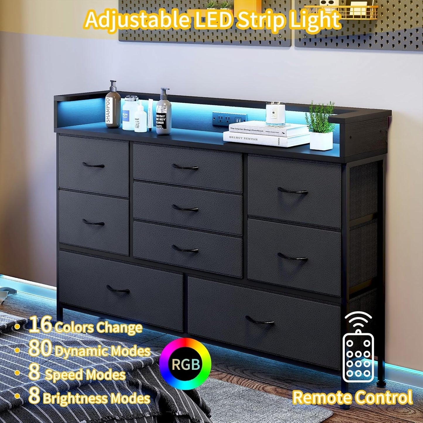 Black LED Dresser, Dresser with 9 Drawers and Charging Station, Fabric Chest of Drawers with PU Finish for Kid Room, Entryway, Living Room, Hallway-2