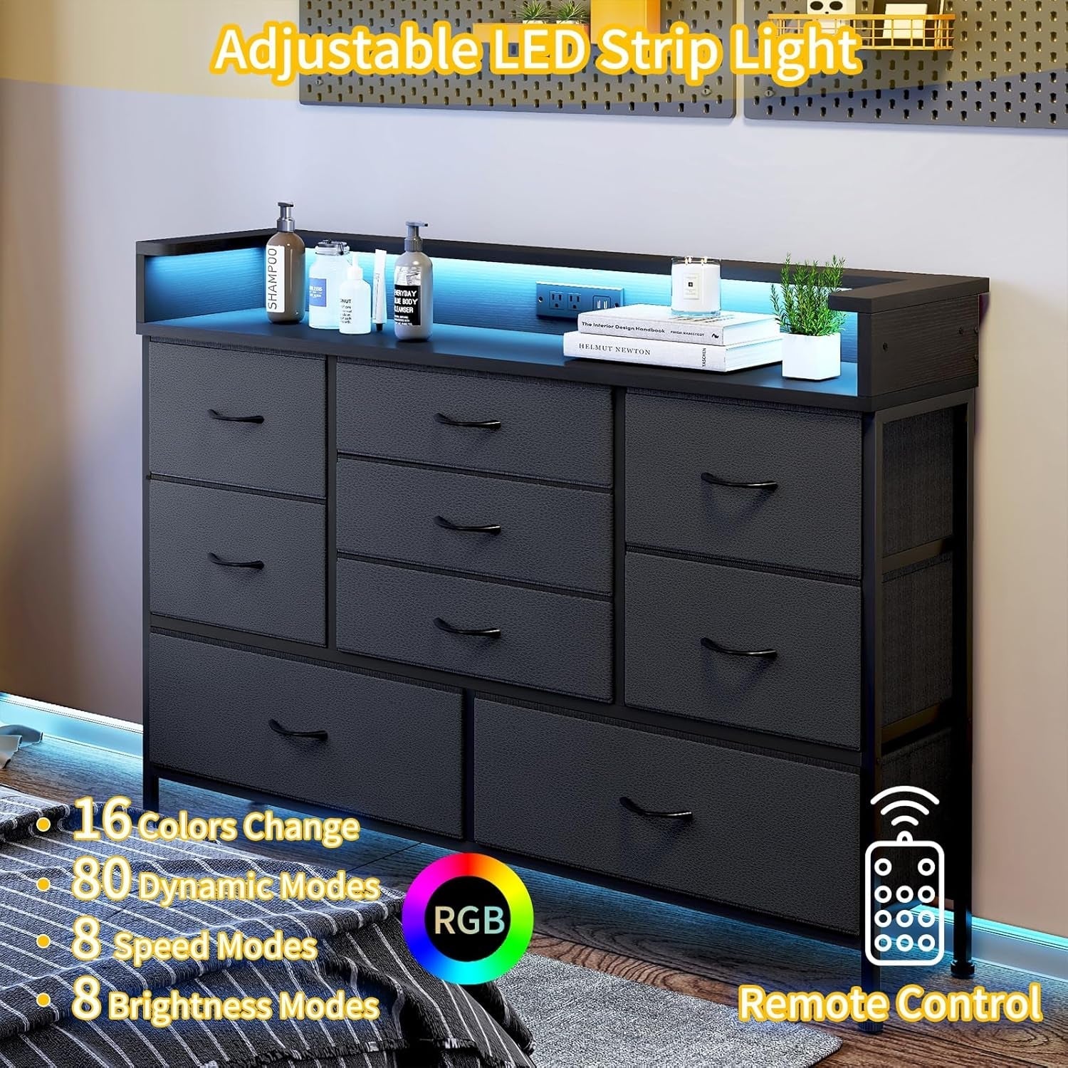 Black LED Dresser, Dresser with 9 Drawers and Charging Station, Fabric Chest of Drawers with PU Finish for Kid Room, Entryway, Living Room, Hallway-2