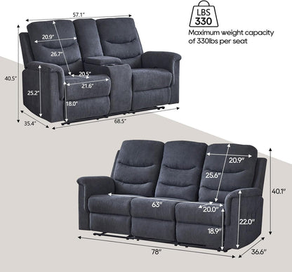 2 Pieces Recliner Sofa Set, Manual Sofa Set for Living Room Furniture Set, Recliner Sofa and Loveseat Sets, Reclining Loveseat with Console & Cup Houlders for Living Room-1