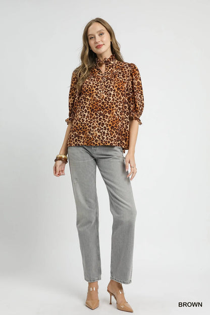 Umgee Full Size Leopard Print Ruffle Neck Blouse Plus Size