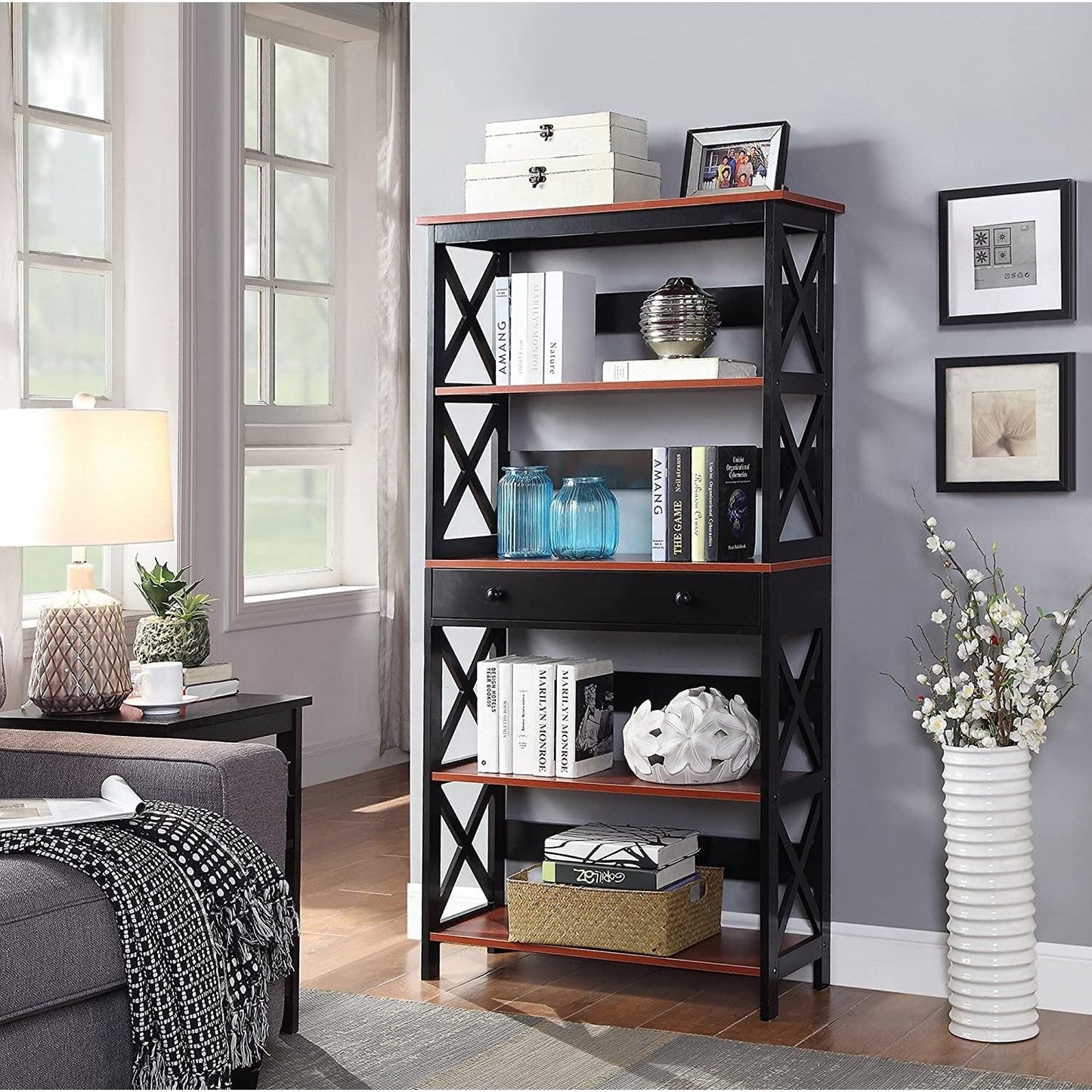 Cherry/Black Oxford Bookcase with Drawer (5 Tier)-0
