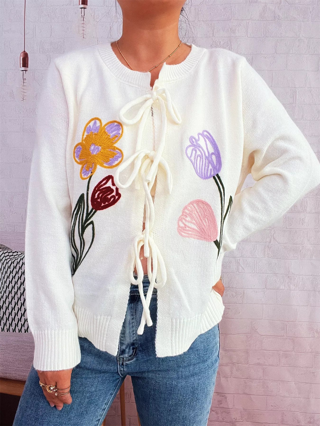 Floral Ribbed Hem Tie Front Cardigan