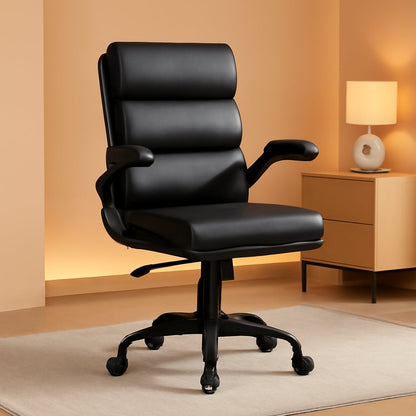 Office Chair Adjustable Desk Chair Mid Back Executive Comfortable Bonded Leather Ergonomic Back Support Home Computer Chair with Padded Flip-Up Armrest Swivel Wheels (Black)-0