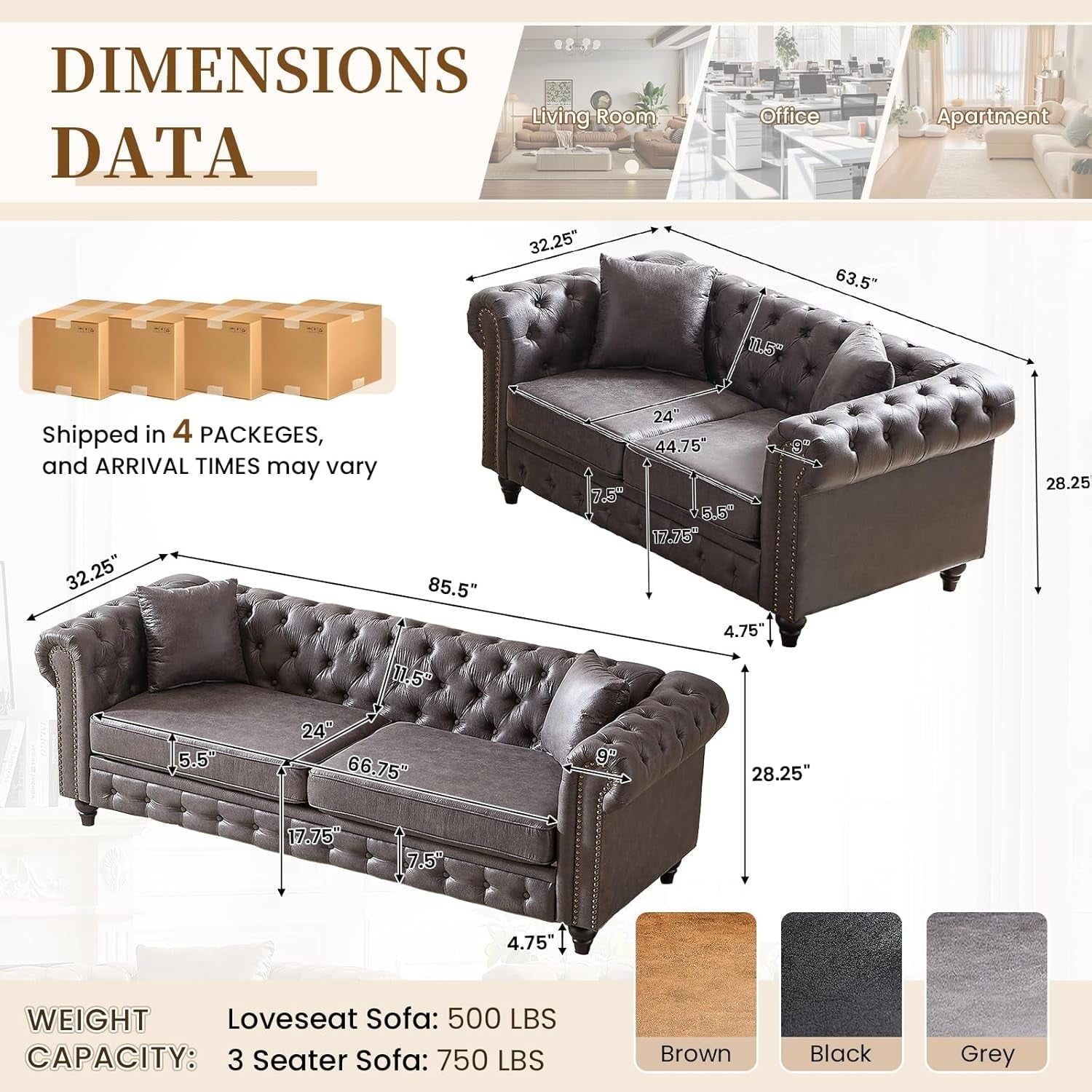 2 Piece Living Room Sofa Set,Button Tufted Couch and Loveseat Set with Nailhead Trim&Roll Armrest,Upholstered Mid Century Modern Couch,Chesterfield Sofa for Living Room,Office(Loveseat+3 Seater,Grey)-1