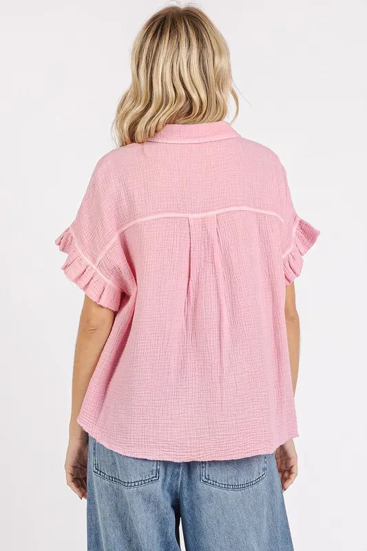 Mittoshop Mineral Washed Button Down Flounce Sleeve Shirt