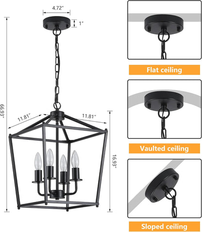 UL Listed Black Industrial 4 Light Lantern Chandelier Ceiling Light Fixtures Farmhouse Metal Cage Rustic Geometric Pendant Light for Kitchen Island Entryway Dining Room Stairs and Hallway-3
