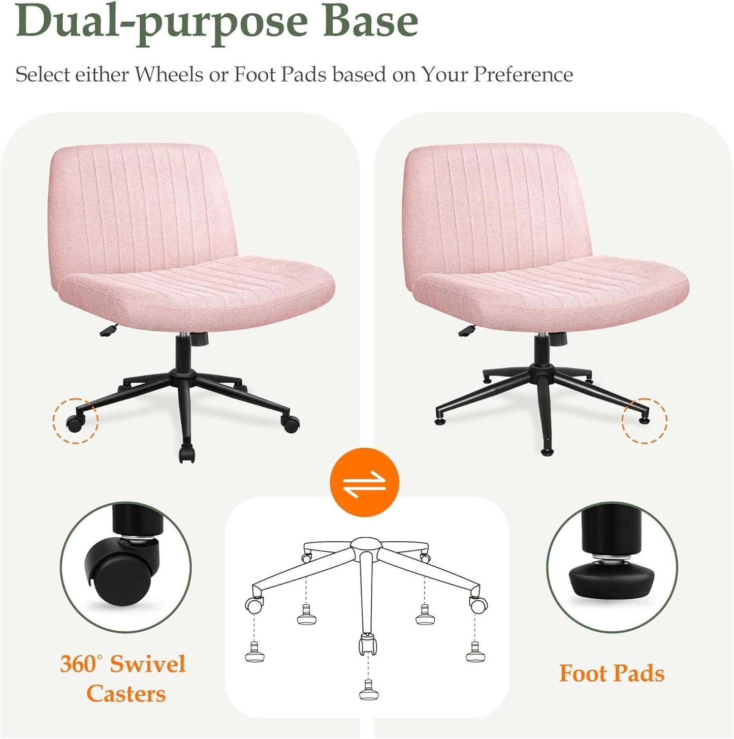 Criss Cross Chair with Wheels, Armless Cross Legged Office Desk Chair, Wide Comfy Vanity Rolling Swivel Modern Comfortable Fabric Computer Task Chairs for Home Office (Pink)-2