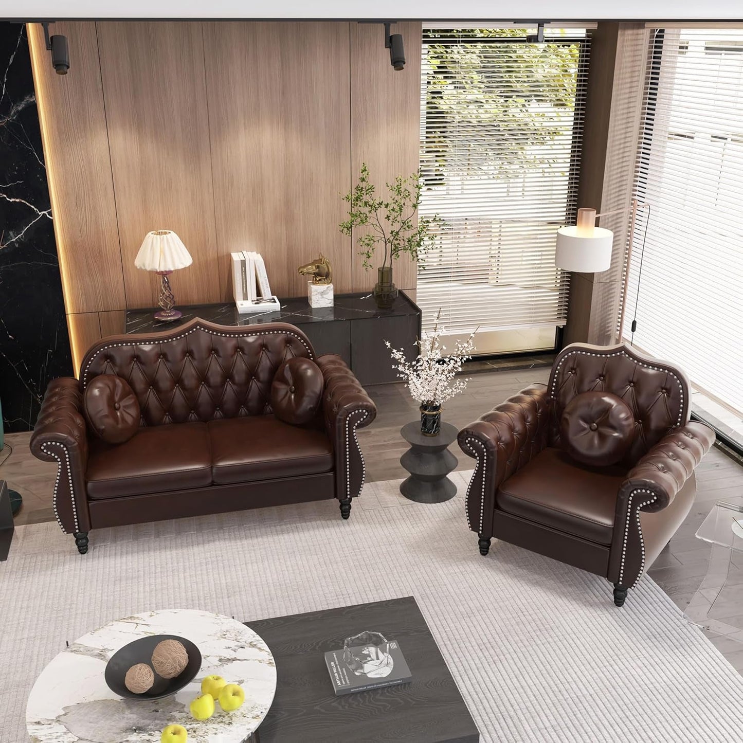 2 Piece Living Room Set, Mid-Century Modern Upholstered Chesterfield Chair Loveseat with Tufted Button and Pillows, Upholstered PU Leather Sofa Couch for Living Room, Office, Brown-2