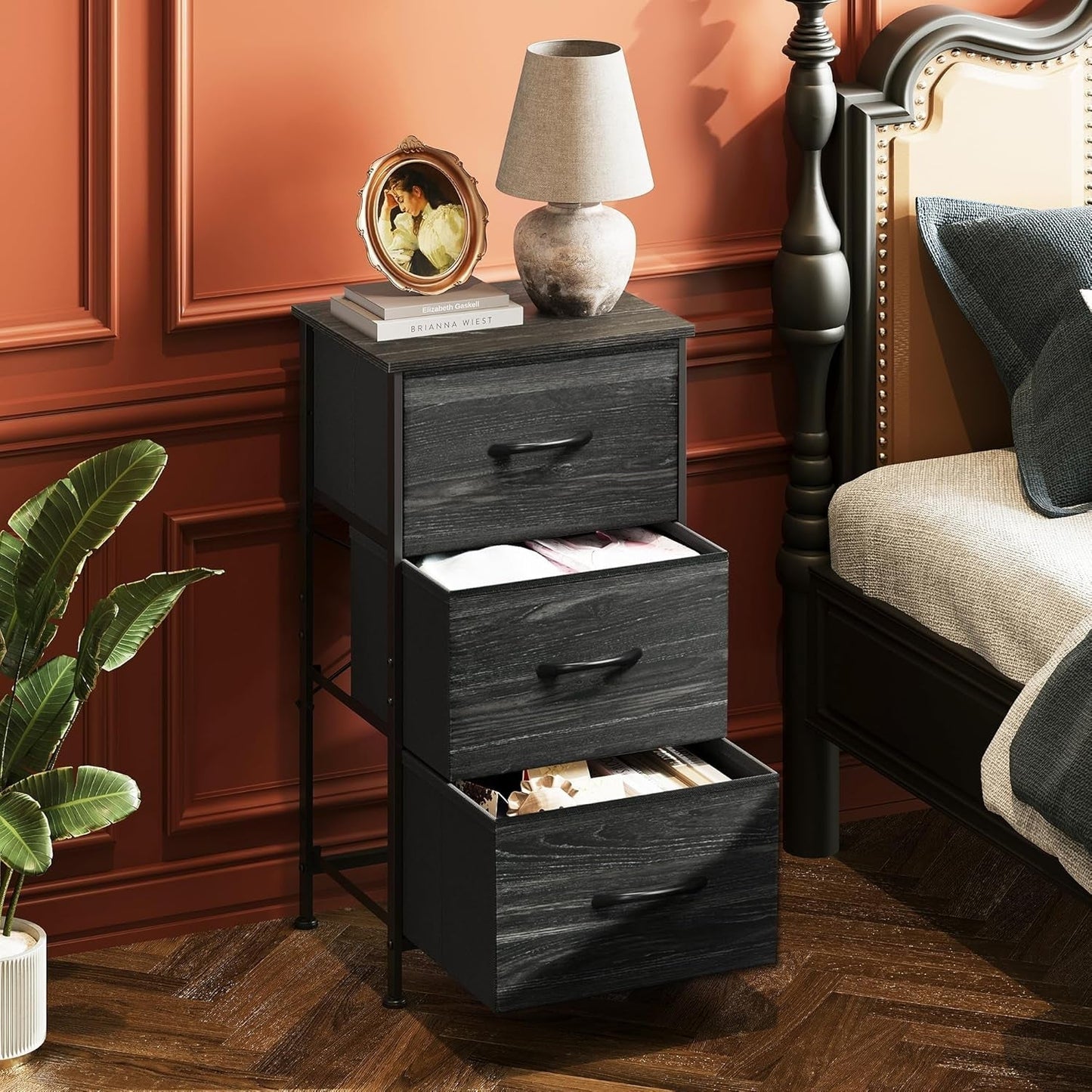 Nightstand with 3 Drawers, Fabric Dresser, Organizer Unit, Storage Dresser for Bedroom, Hallway, Entryway, Closets, Steel Frame, Wood Top, Easy Pull Handle, Charcoal Black Wood Grain Print-1