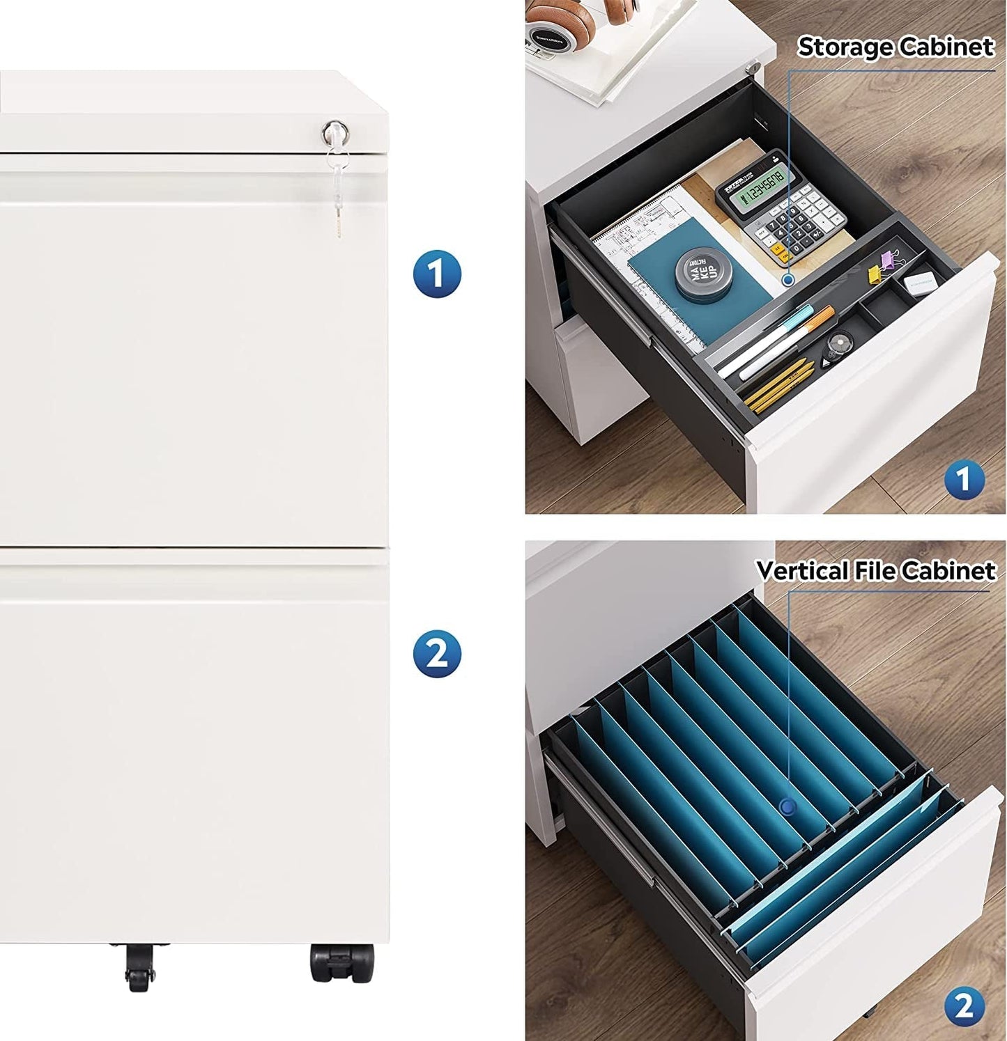White Lockable Mobile File Cabinet - 2 Drawers-3