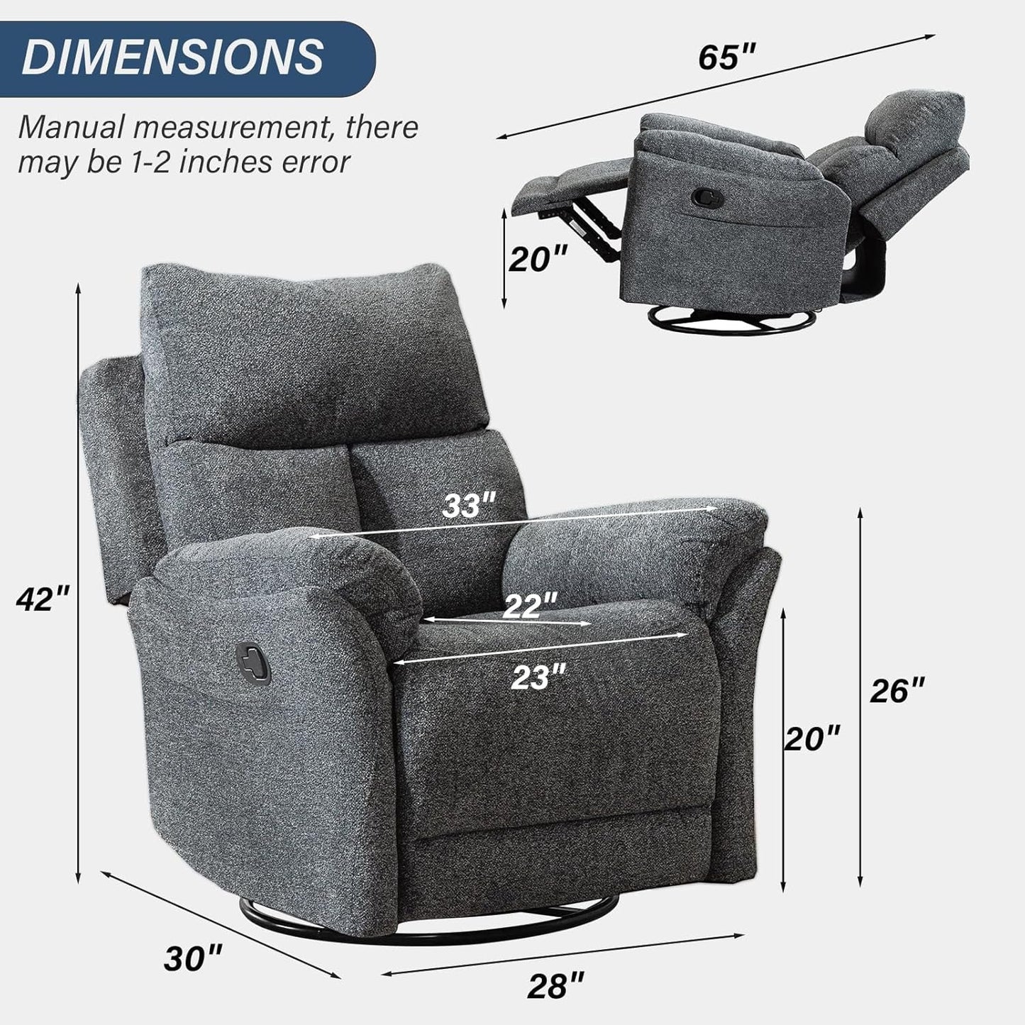 Swivel Rocker Recliner Chair Nursery, Manual Fabric Small Rocking Recliner, Modern Rocking Reclining Chairs for Living Room, Bedroom, Small Space (Gray)-1
