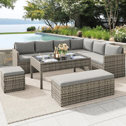 L-Shaped Outdoor Sectional Sofa Set with Adjustable Lift-Top Dining Table, All-Weather Wicker Patio Furniture, Ottoman & Tempered Glass Top, Gray Gradient-2