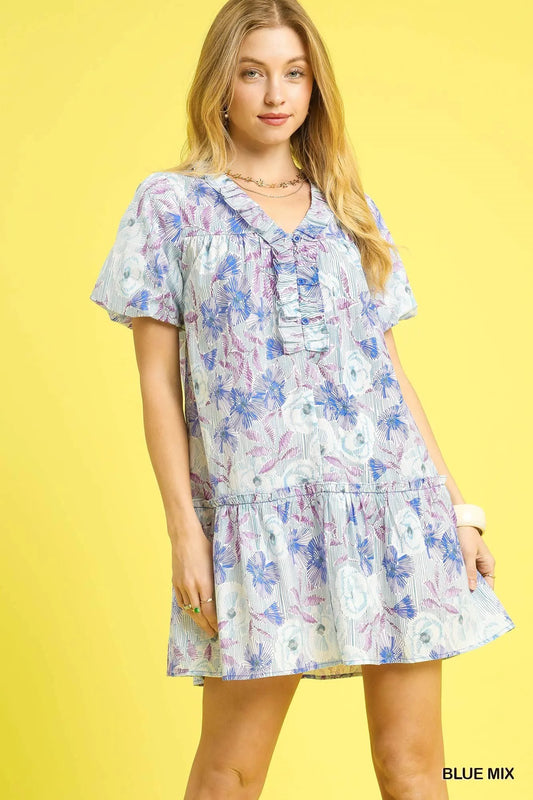 Umgee Floral Ruffled Puff Sleeve Mini Dress