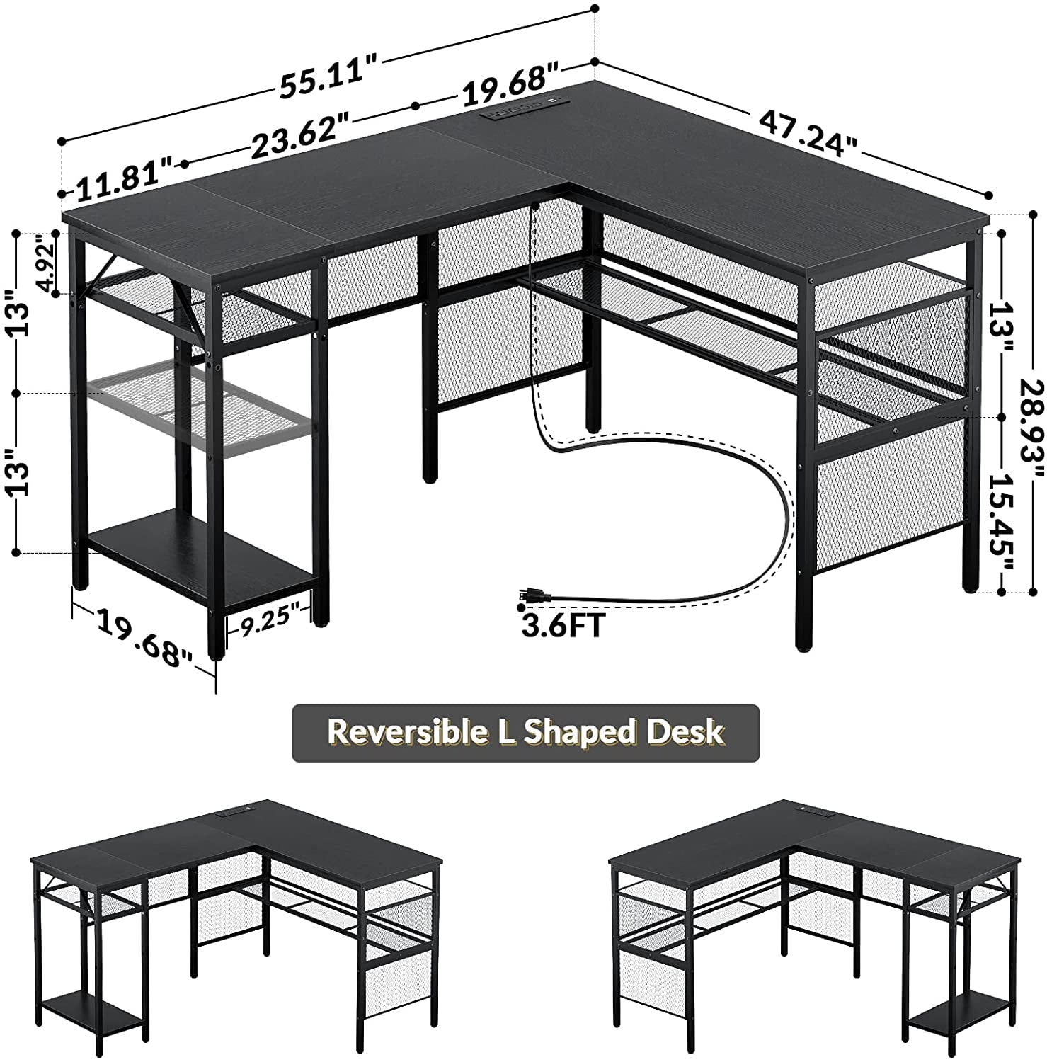 L-Shaped Desk with USB and Power Outlet, Black-2