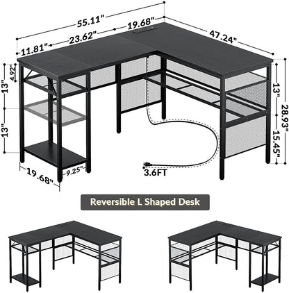 L-Shaped Desk with USB and Power Outlet, Black-2