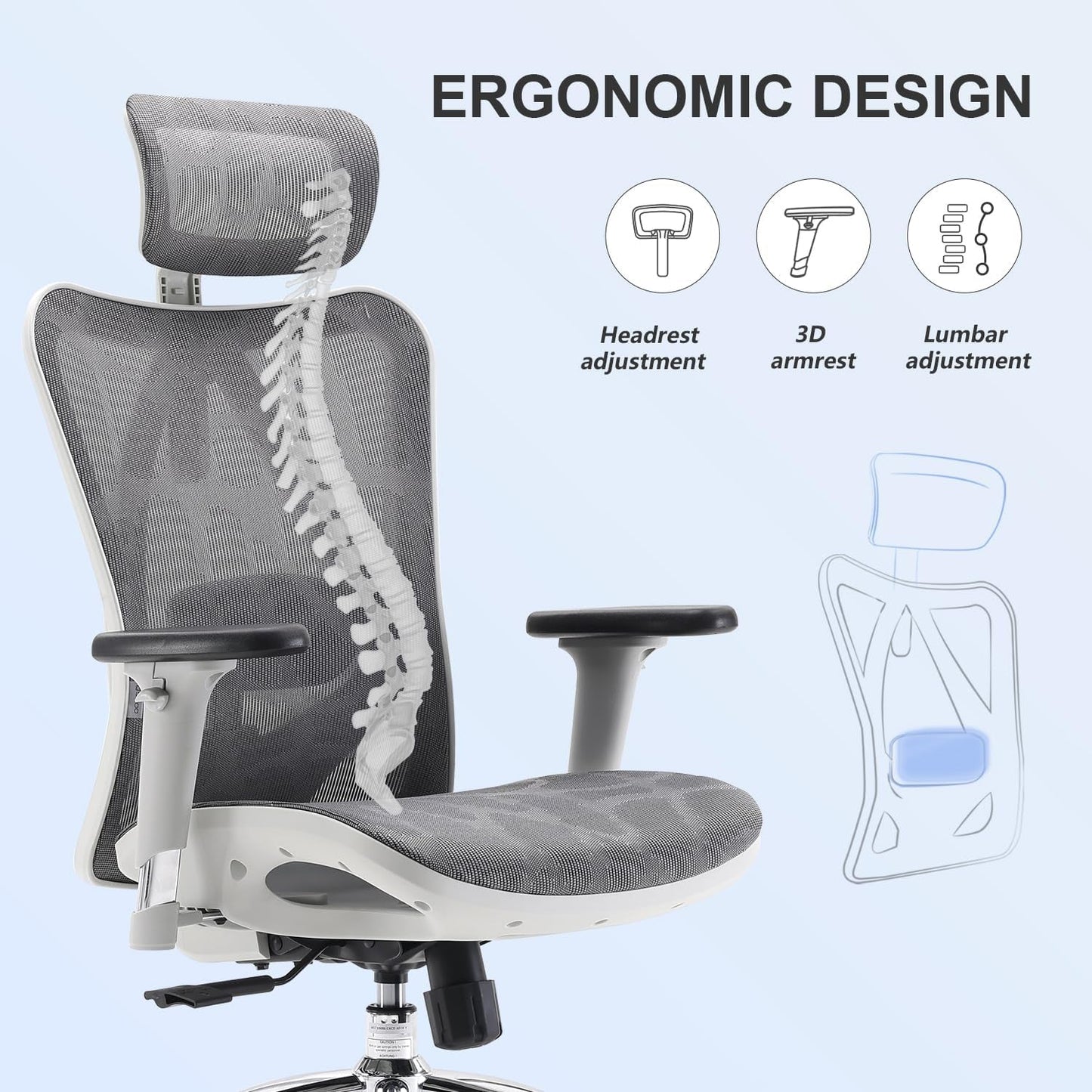 M57 Ergonomic Office Chair with 3 Way Armrests Lumbar Support and Adjustable Headrest High Back Tilt Function Light Grey-4