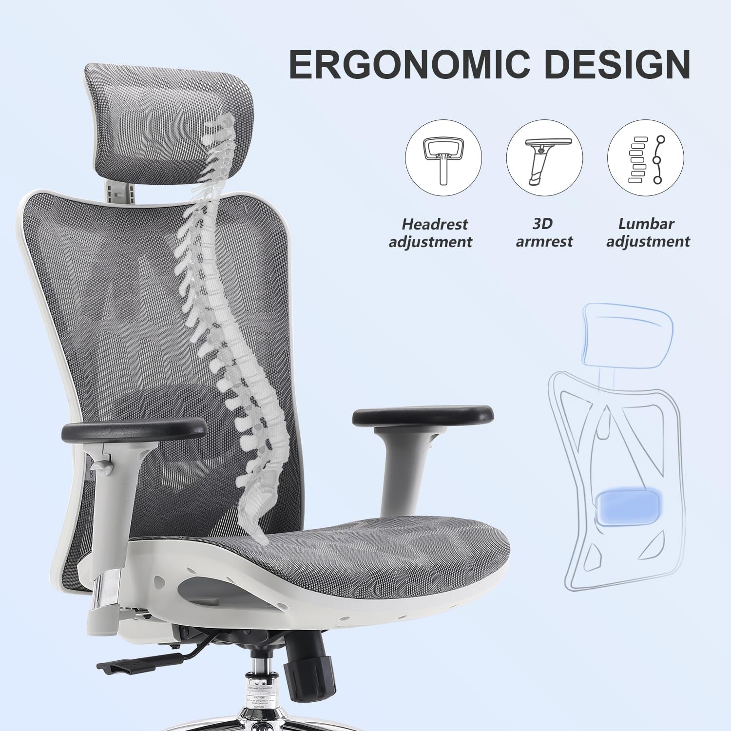 M57 Ergonomic Office Chair with 3 Way Armrests Lumbar Support and Adjustable Headrest High Back Tilt Function Light Grey-4