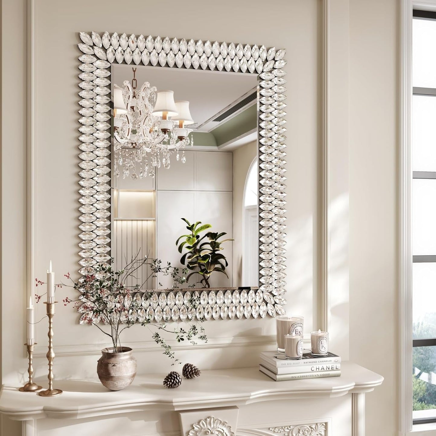 30"X40" Jeweled Bathroom Wall Mirror, Large Rectangle Mirror Decorative Mirror Luxury Vanity Mirror with Diamonds for Master Bath Half Bath Living Room Bedroom Fireplace Mantle Entryway-1