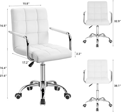 Mid-Back Office Task Chair Ribbed PU Leather Executive Modern Adjustable Home Desk Retro Comfortable Work Chair 360 Degree Swivel with Arms (White)-2