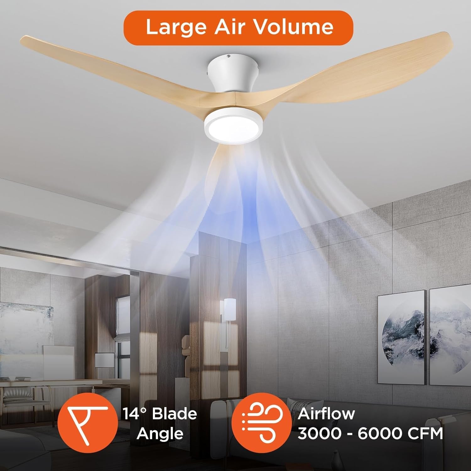 52 Inch Ceiling Fans with Lights and Remote, Flush Mount Low Profile Ceiling Fan with Reversible DC Motor ABS Blades for Bedroom Living Room Kitchen Light Oak Finish-4