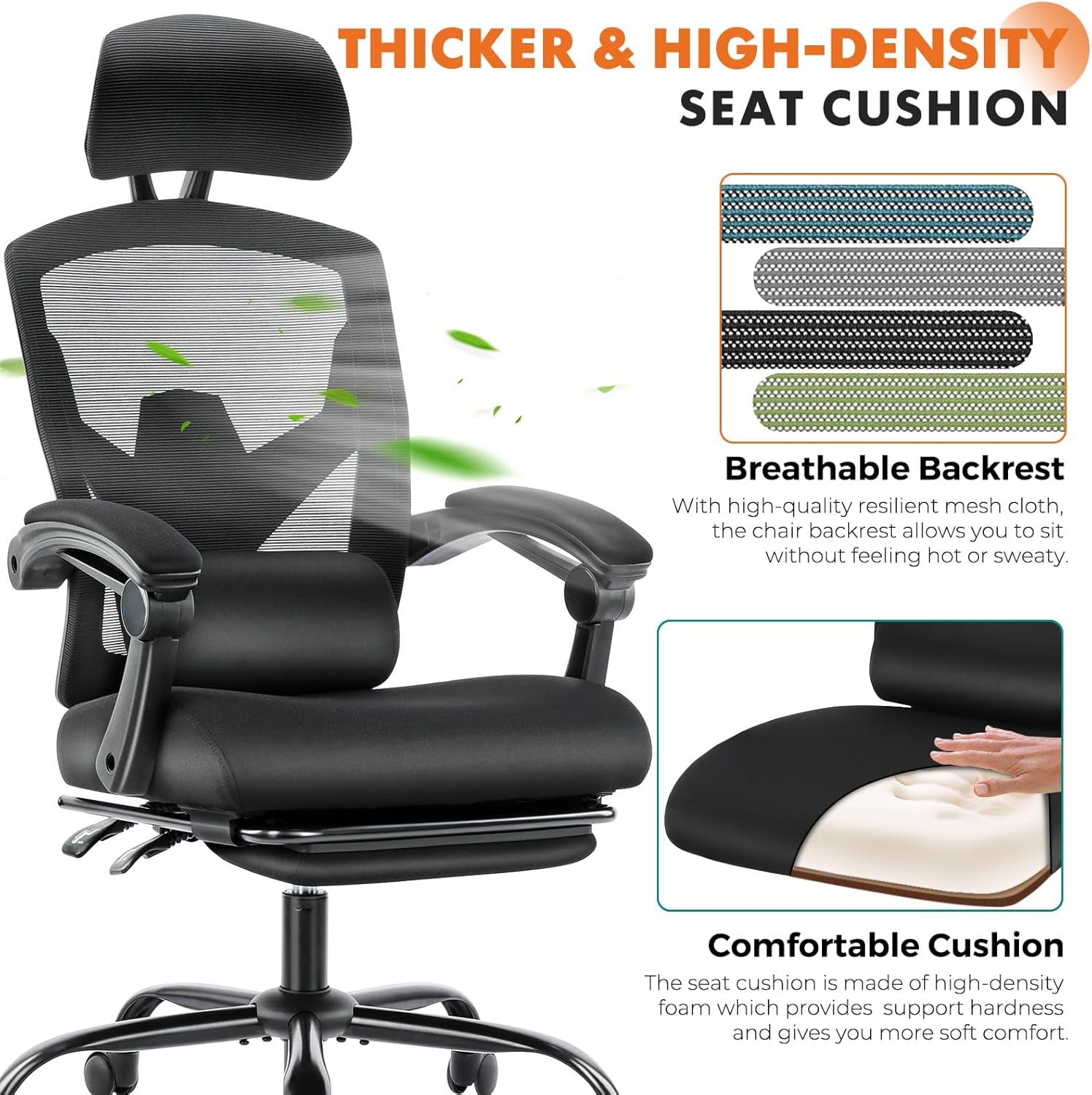 Office Computer Desk Chair, Ergonomic High-Back Mesh Rolling Work Swivel Chairs with Wheels, Comfortable Lumbar Support, Comfy Arms for Home, Bedroom, Study, Student, Black-2